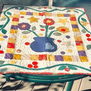 Floral, Stars, Hearts  Handmade Quilted Fabric Wall Hanging or Table Art